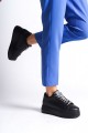 Bağcıklı Ortopedik Taban Taşlı Kadın Sneaker Ayakkabı Siyah
