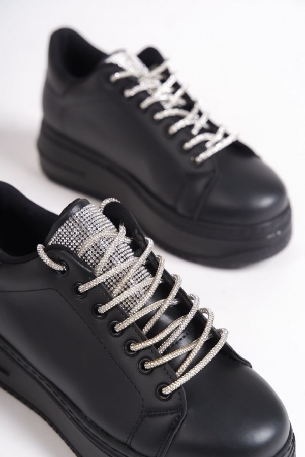 Bağcıklı Ortopedik Taban Taşlı Kadın Sneaker Ayakkabı Siyah