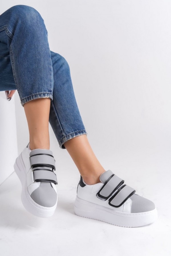 Bağcıksız Cırt Cırtlı Ortopedik Taban Kadın Sneaker Ayakkabı Beyaz/Gri