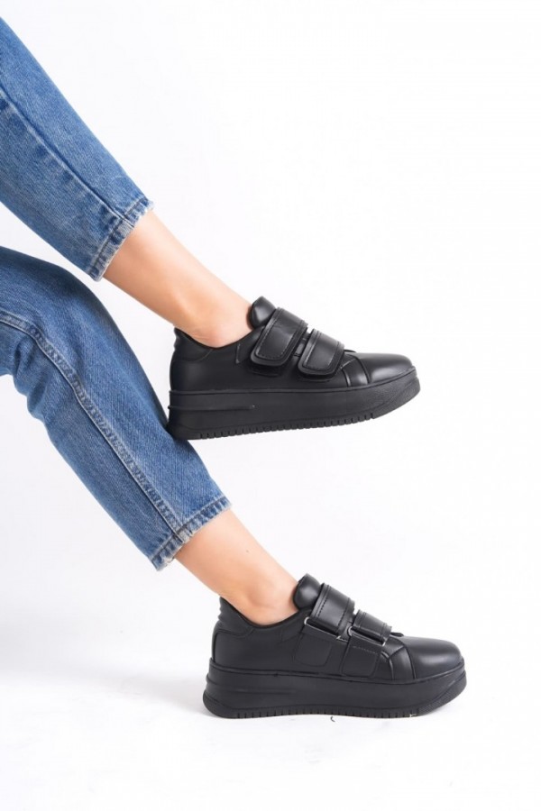 Bağcıksız Cırt Cırtlı Ortopedik Taban Kadın Sneaker Ayakkabı Siyah